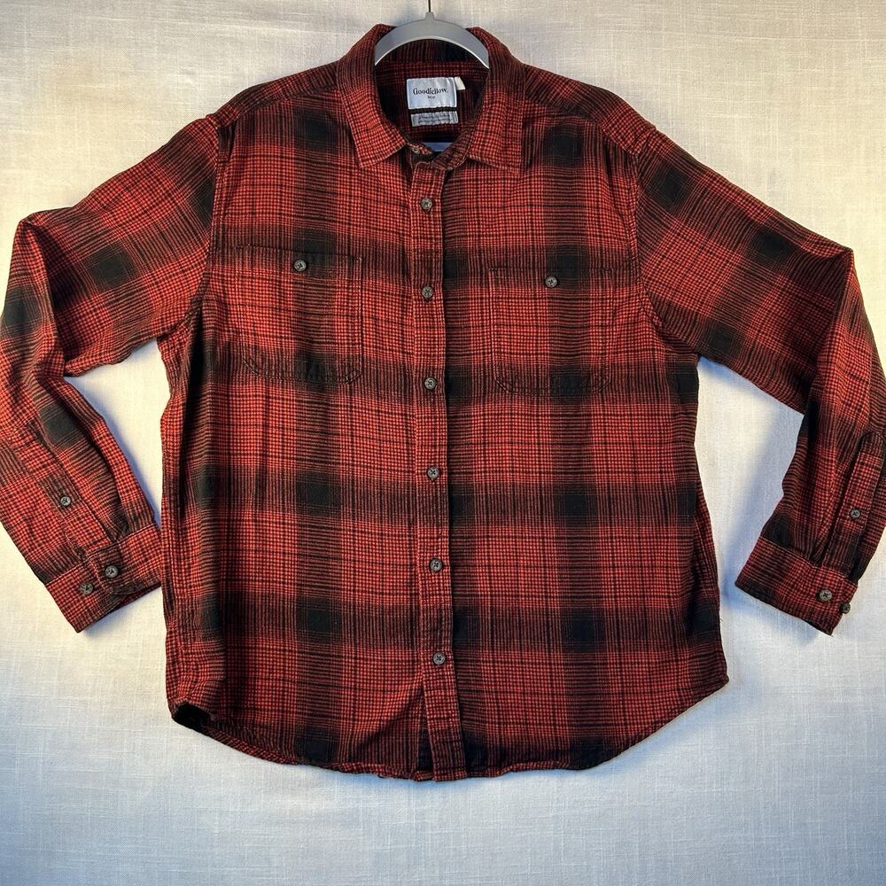 Goodfellow & Co., Men's‎ Red & Black Plaid Button Flannel, Size L